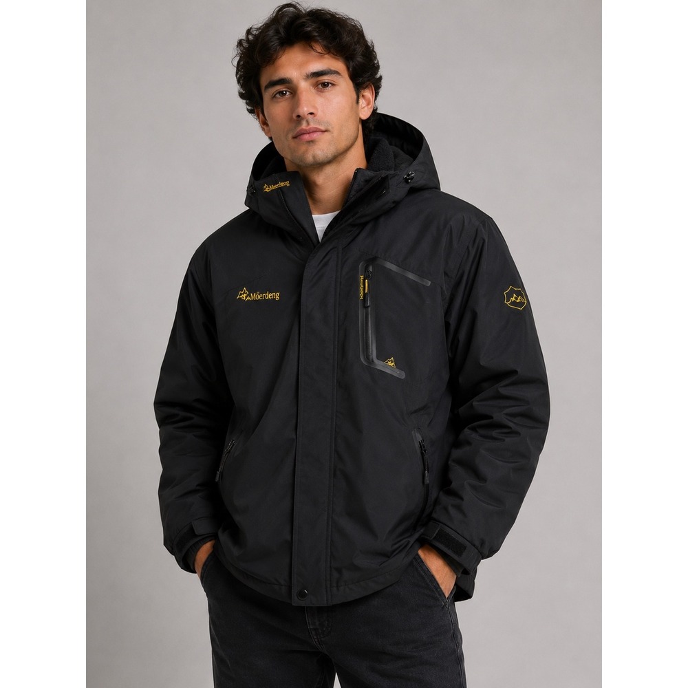 Moerdeng Mens Mountain Ski Jacket Black‎ Fleece Lined Waterproof Hooded Coat L